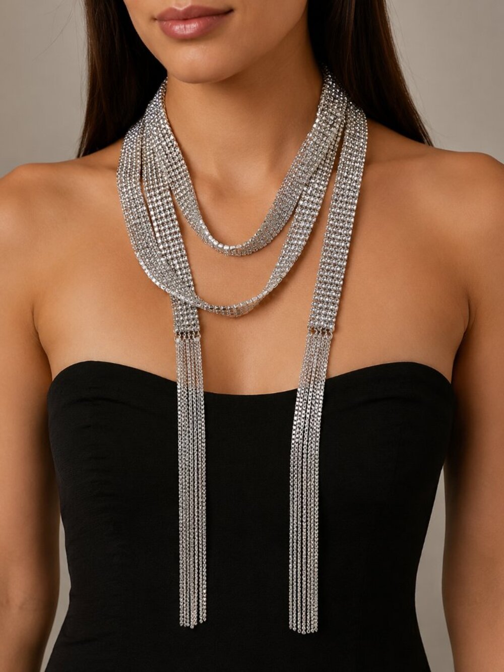 60"L 5-Row Rhinestone Lariat Statement Long Necklace w/Chain Tassel Silver Tone